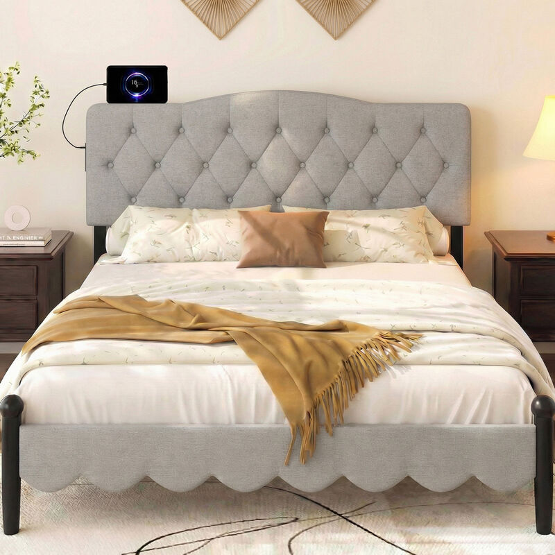 Upholstered Tufted Headboard for Full and Queen Beds with 2 Power Outlets image number 1