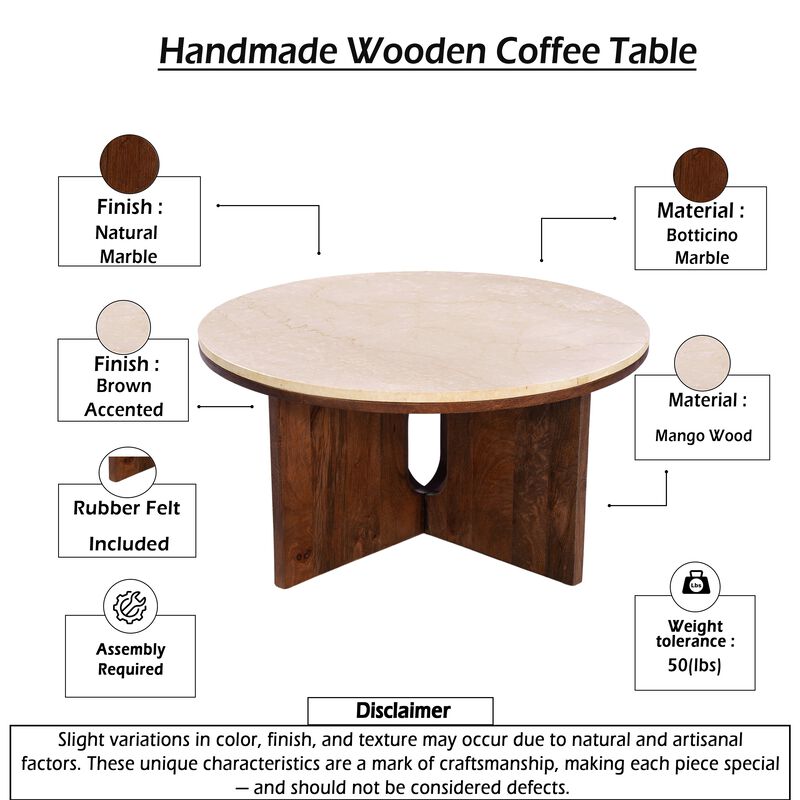Kara Coffee Table, 29 Inch Round Botticino Marble Top, Brown Mango Wood 3 Panel Tripod Base image number 5