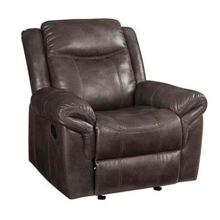 Glider Recliner with Leatherette Upholstery and Pillow Arms, Brown - Benzara