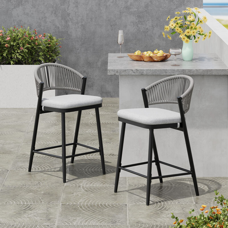 Christopher Knight Home Pamela Outdoor 26" Metal and Rattan Counter Stools with Scallop-shaped Backrest (Set of 2) image number 1