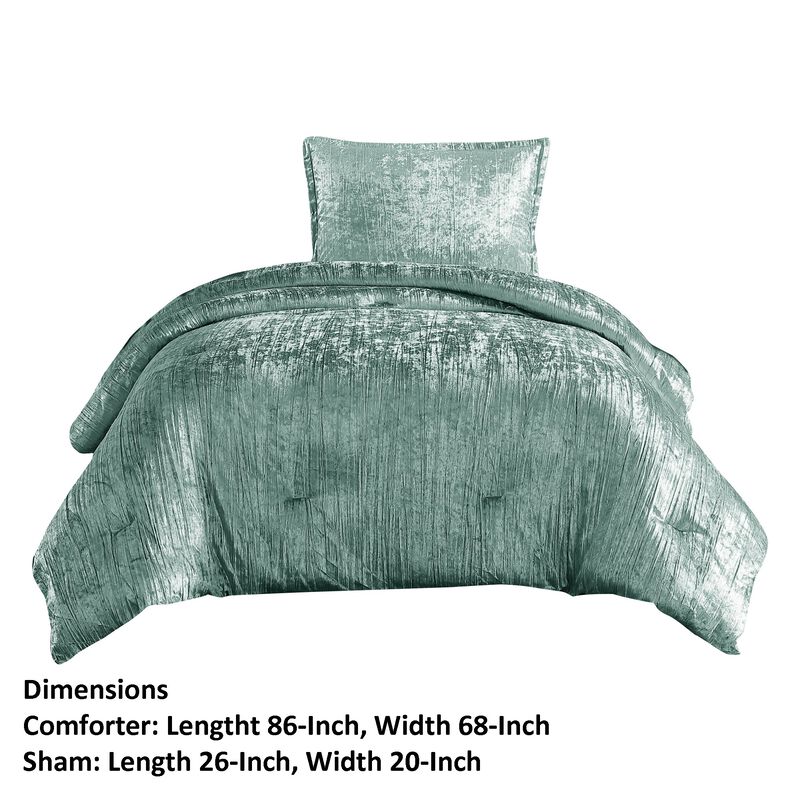 Jay 2 Piece Twin Comforter Set, Polyester Velvet Deluxe Texture, Green - Benzara