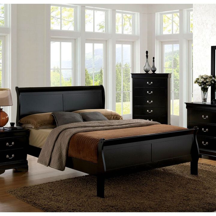 Queen Size Bed Black Louis Philippe Solid Wood 1pc Bed Bedroom Sleigh Bed