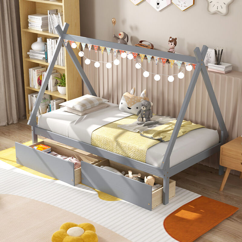 Wooden Tent House Bed with 2 Drawers &ndash; Fun and Stylish Kids&rsquo; Bedroom Furniture