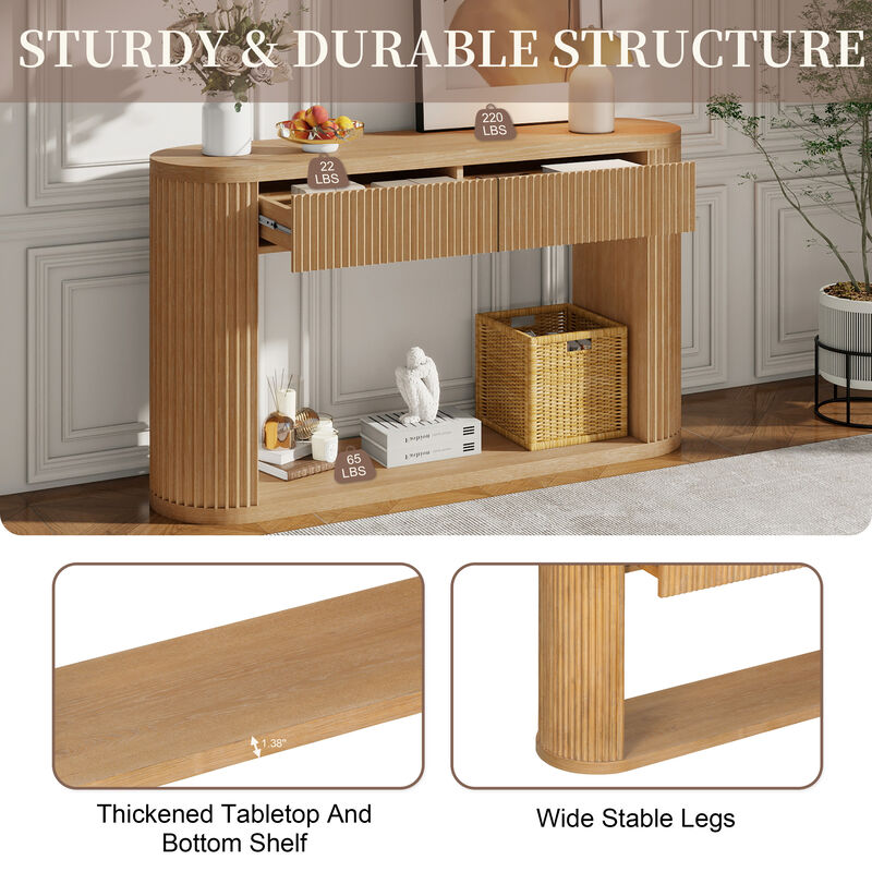 Merax Oval Fluted Rubber Wood Console Table with 2 Drawers & Open Bottom Shelf image number 6