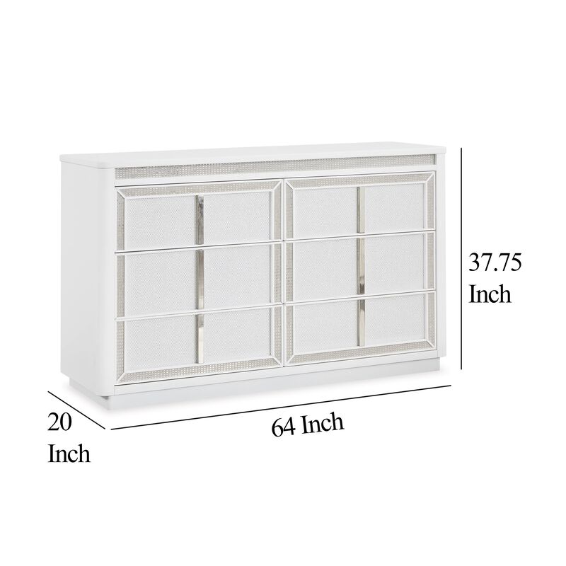 Canaal Wide Dresser, 6 Drawer, White Solid Wood, 64 Inch, LED Light - Benzara