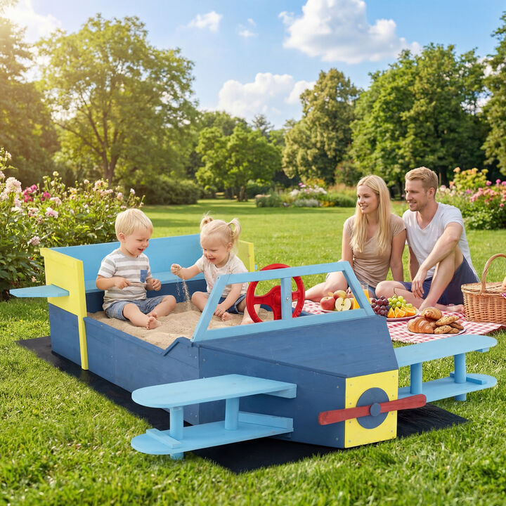 Kids Wooden Sandbox with Bottom Liner and Bench Seats - Blue