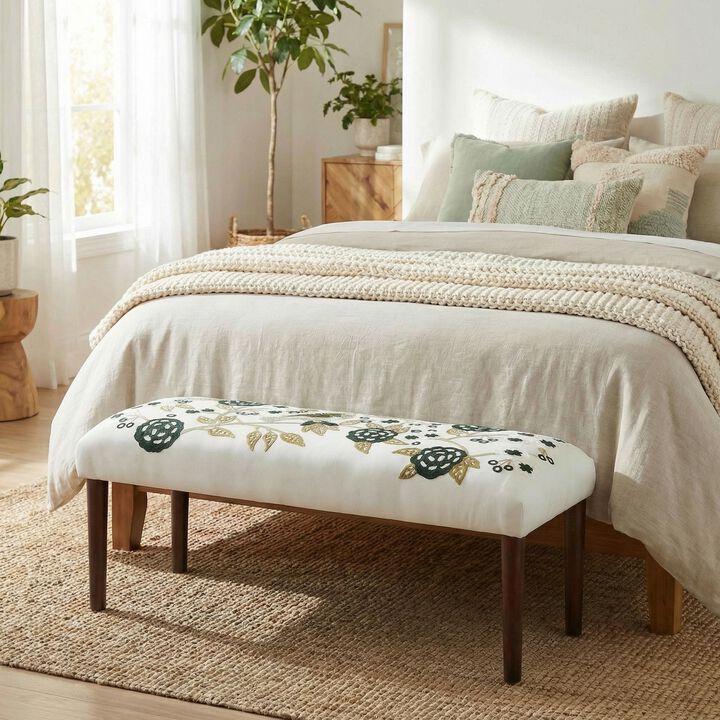 Dahlia Floral Embroidered Velvet Accent Bench