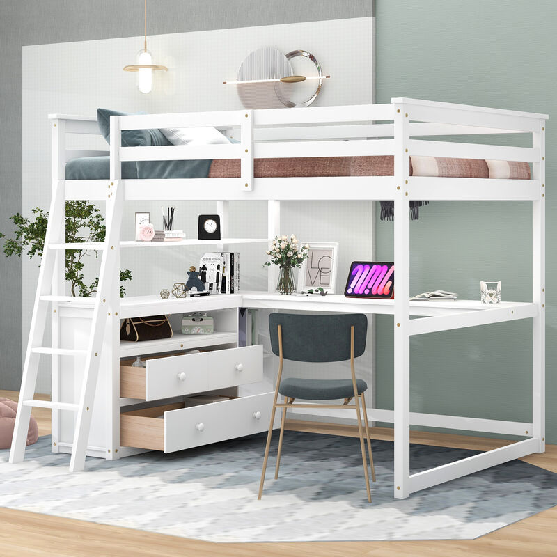 Whisen Full Size Wood Loft Bed with Desk, Shelves and Two Built-in Drawers - Gray