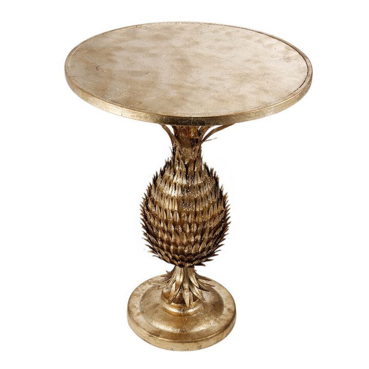 27 Inch Accent Side Table, Turned Pineapple Motif Design, Round Top, Gold - Benzara