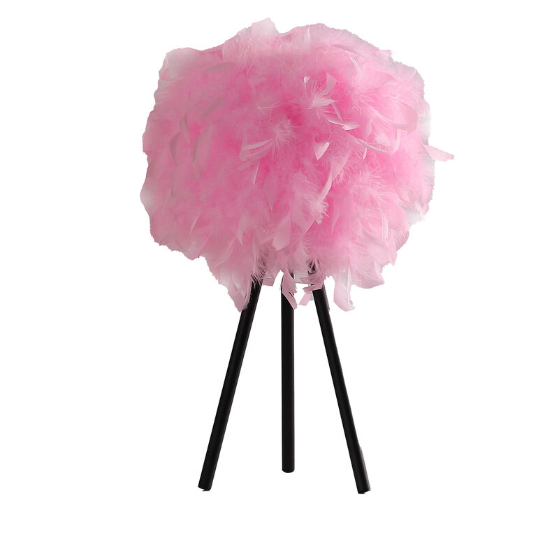 Rio 21 Inch Accent Table Lamp, Pink Feather Shade, Black Metal Tripod Base - Benzara