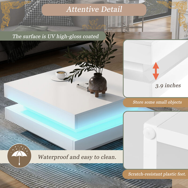 High Gloss 2-Tier LED Coffee Table for Living Room, 16-Color Lights