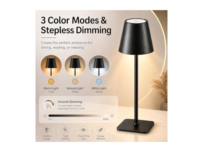 Cordless Rechargeable LED Table Lamp Minimalist 2 Pack Portable Black Bedroom image number 3