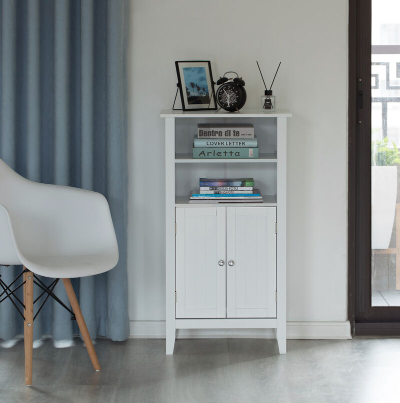 White Bathroom Storage Cabinet with 2 Doors and 2 Open Shelves for Bedroom, Bathroom, and Vanity