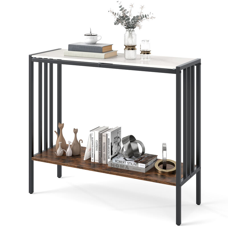 Modern 2-Tier Foyer Table with Sintered Stone Top and Industrial Metal Frame