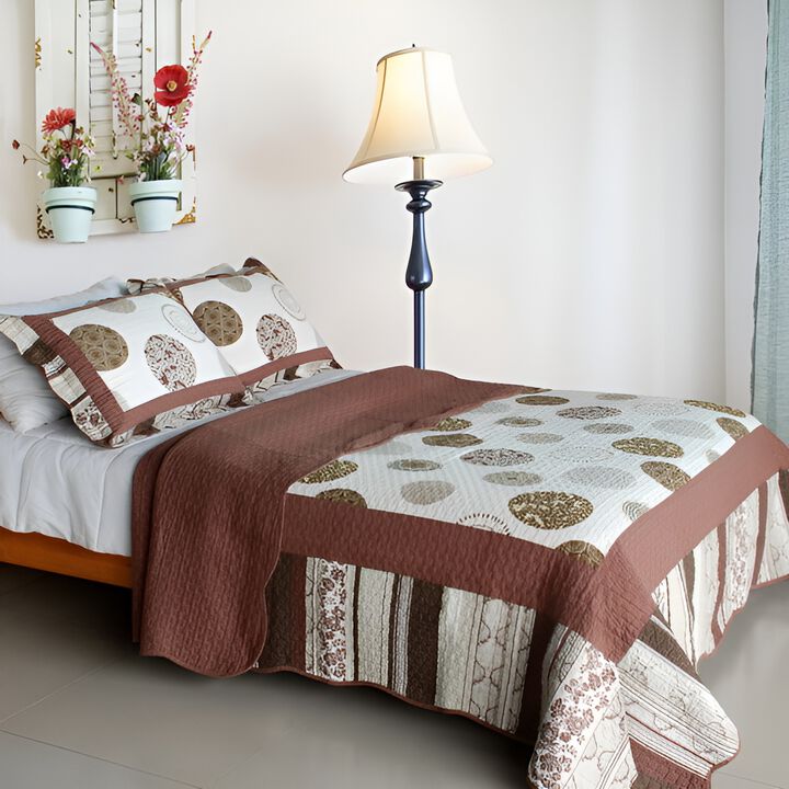 Vermicelli Quilted Cotton Printed Quilt Set Queen Size Modern Circles Design Set