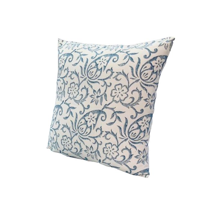 18 x 18 Square Accent Pillows, Paisley Floral Pattern, Cotton Cover, Set of 2, Blue, White-Benzara