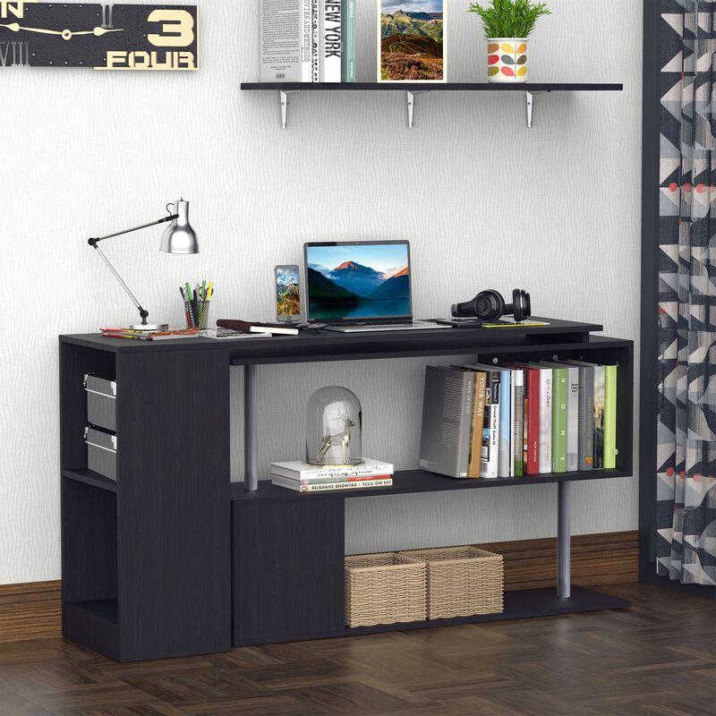 Black Corner Workstation: 55" 360° Rotating L-Shaped Computer Desk