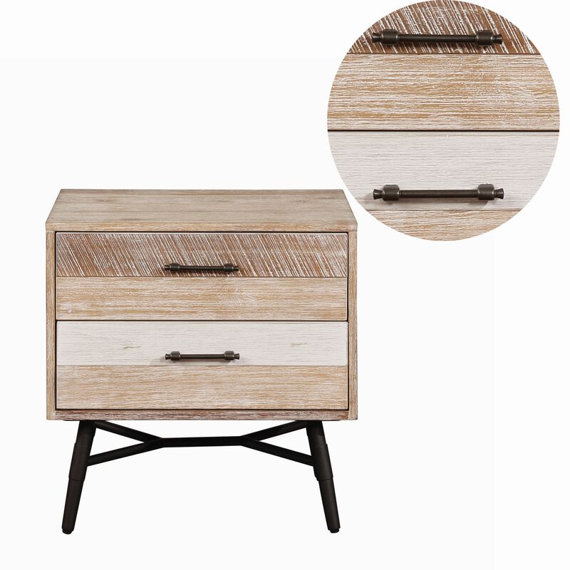 Two Drawer Wooden Nightstand with Metal Angled Legs, Brown and Black-Benzara