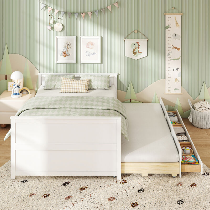 White Full Bed with Twin Trundle and 3 Built-In Storage Drawers image number 5
