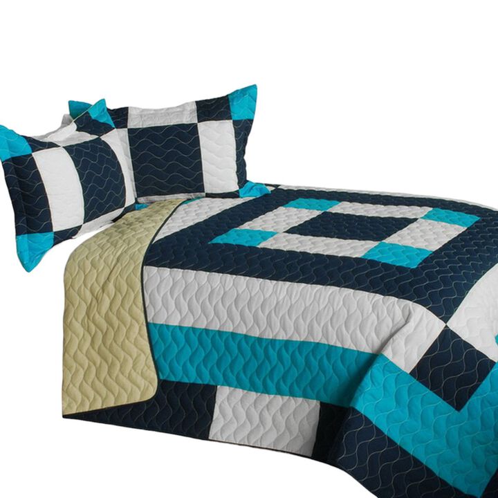Sea Center Patchwork Quilt Set 3 Piece Queen Size with Vermicelli Quilting-Blue