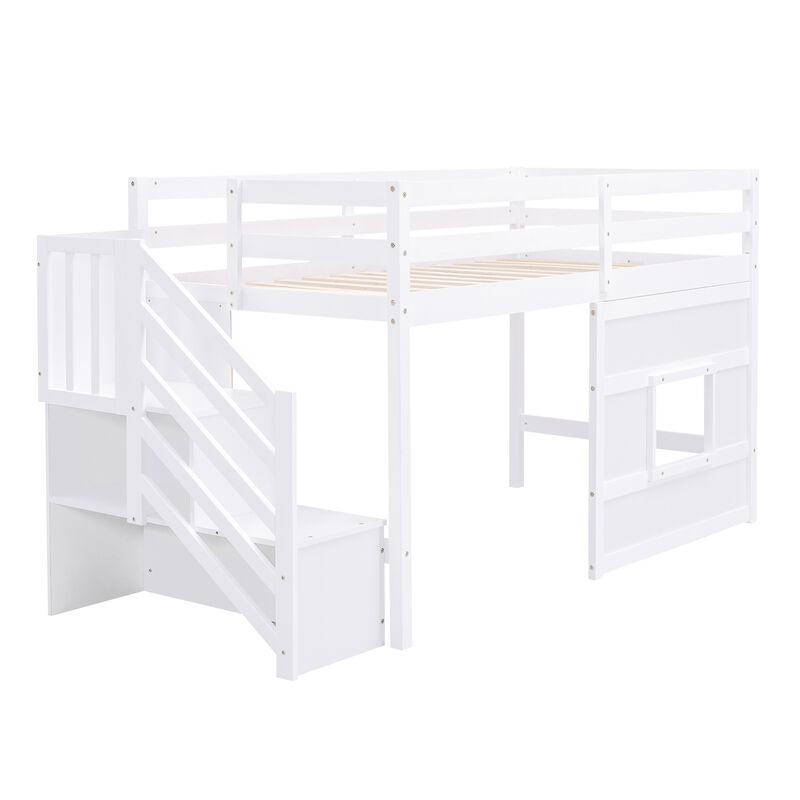 Whisen Wood Twin Size Loft Bed with Storage Staircase and Window - White
