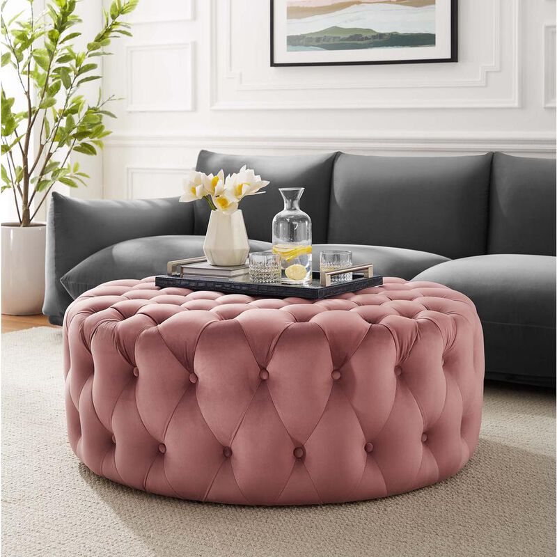 Amour Tufted Button Large Round Performance Velvet Ottoman image number 5
