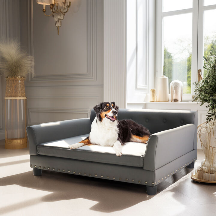 Leather Dog Couch Sofa Pet Bed w/ Copper Nail Wooden Frame For Large Dog Grey