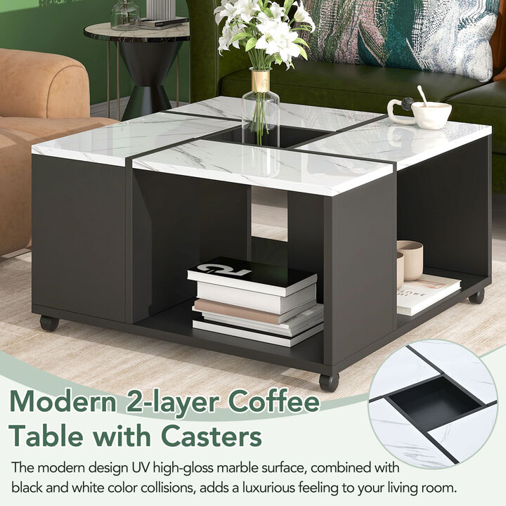 2-layer Coffee Table with Casters, Square Cocktail Table with Removable Tray for Living Room