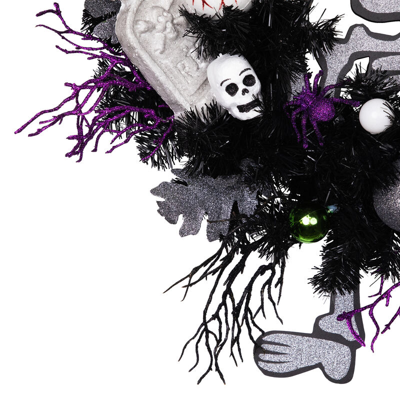 Purple and Black Spooky Skeleton Pine Halloween Wreath  24-Inch  Unlit image number 3