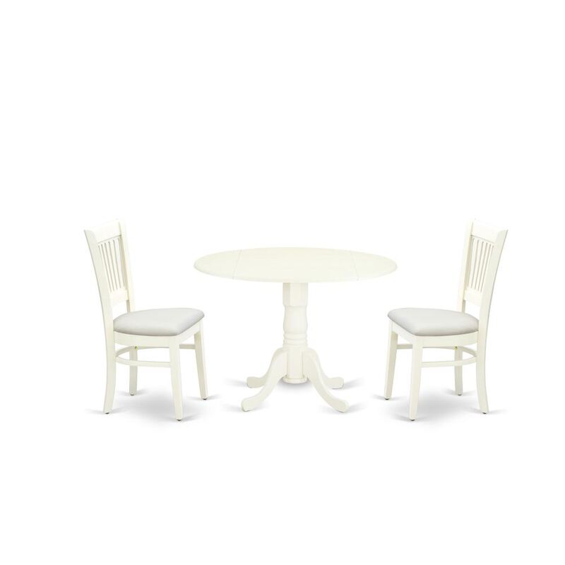 East West Furniture - DLVA3-LWH-C - 3-Piece Dinette Set- 2 Mid Century Dining Chairs with Wooden Linen Fabric and Slatted Chair Back - Drop Leaves Wooden Dining Table - Linen White Finish