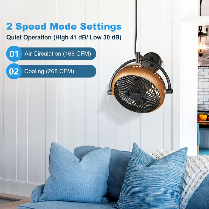 12.9 in. Walnut and Black 2-Speed Wall Mount Fan with Pull Chain and Plug