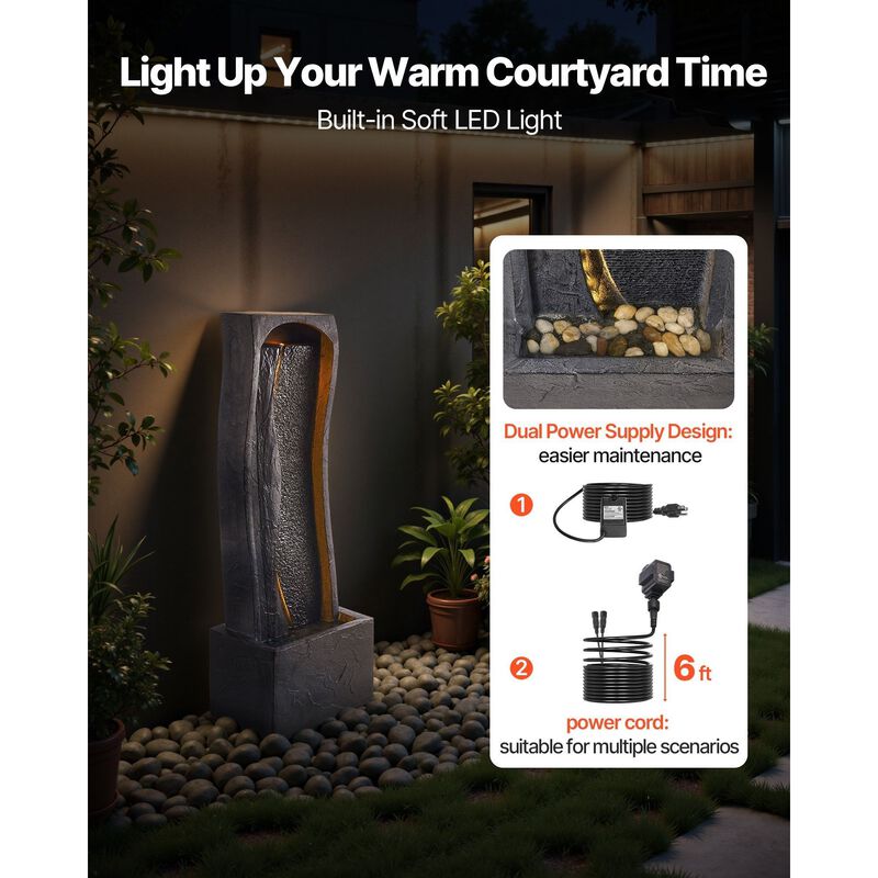 1-Tier Outdoor Water Fountain with LED Light, Rock Base Floor Design for Garden Patio image number 3