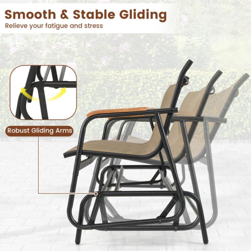 Hivvago Patio Glider Bench with Curved Teak Armrests and Breathable Fabric Seat for 3 People