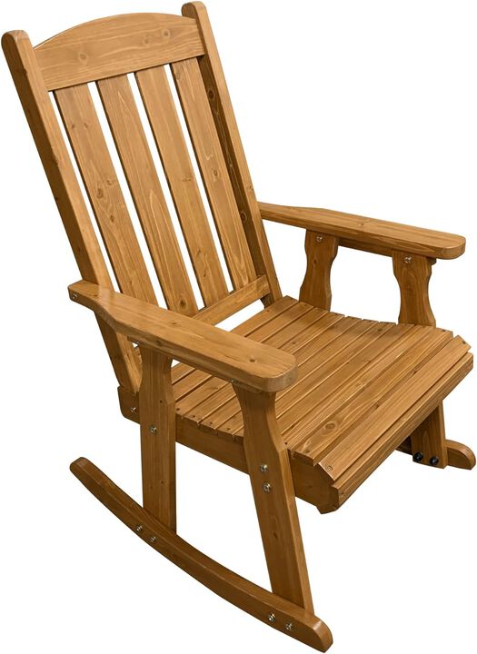 Wooden Rocking Chair with Comfortable Backrest Inclination, High Backrest and Deep Contoured Seat, Solid Fir Wood, Heavy Duty 600 LBS, for Both Outdoor and Indoor, Backyard, Porch and Patio