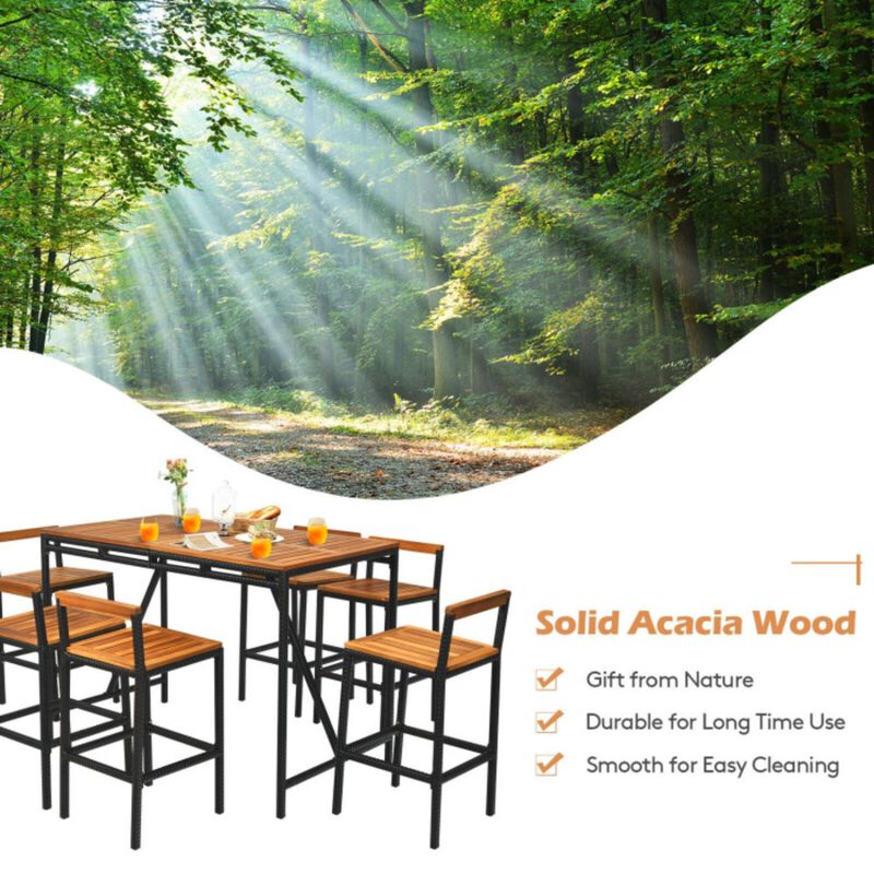 Hivvago 7 Pieces Acacia Wood Patio Rattan Bar Set with Umbrella Hole