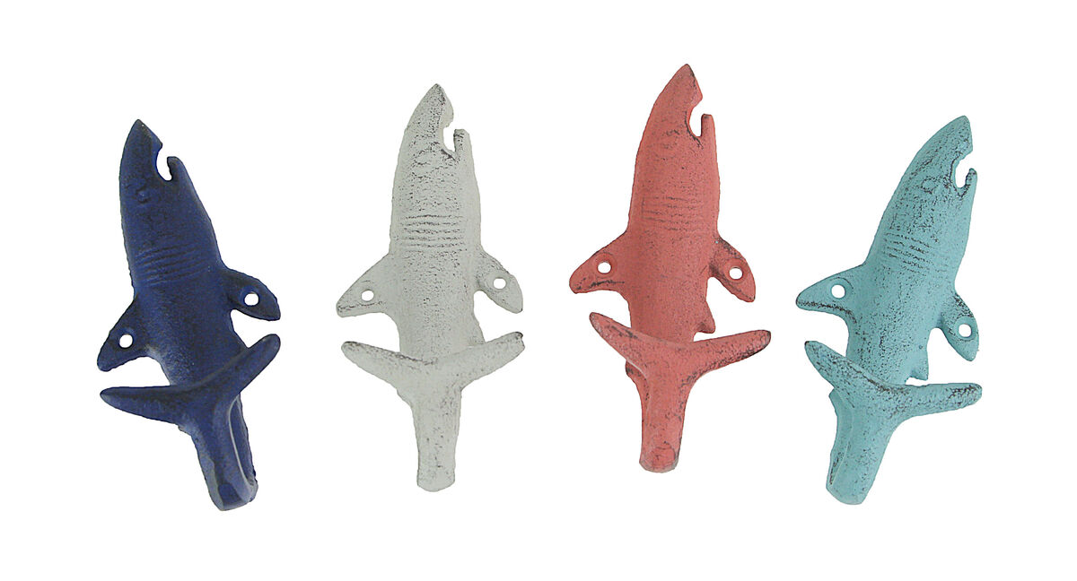Set of 4 Cast Iron Coastal Color Shark Tail Wall Hooks - Decorative Nautical Accents for Beach-Themed Interiors - Towel or Coat Hanging Decor - 5.25 Inches High