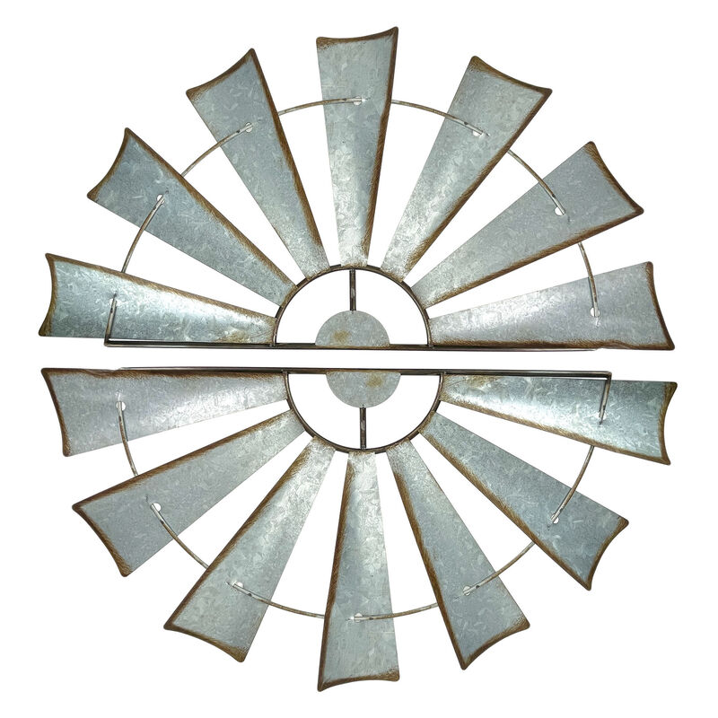 Pair of Distressed Metal Half Moon Windmill Wall Sculptures image number 0