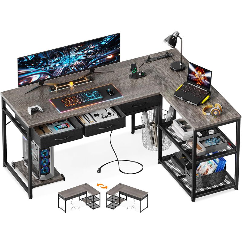 AODK 53 Inch L Shaped Computer Desk with Drawers, Corner Desk with Power Outlets & Reversible Storage Shelves, Movable CPU Stand
