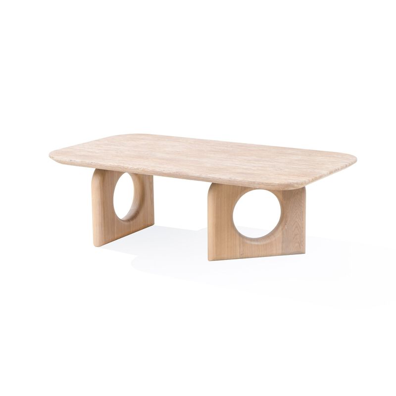 Aky 50 Inch Coffee Table, Faux Marble Top, Open Panel Frame, Natural Brown