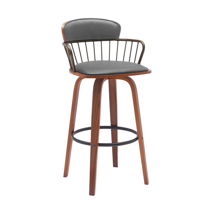 30" Swivel Walnut Wood Bar Stool in Gray Faux Leather with Golden Bronze Metal