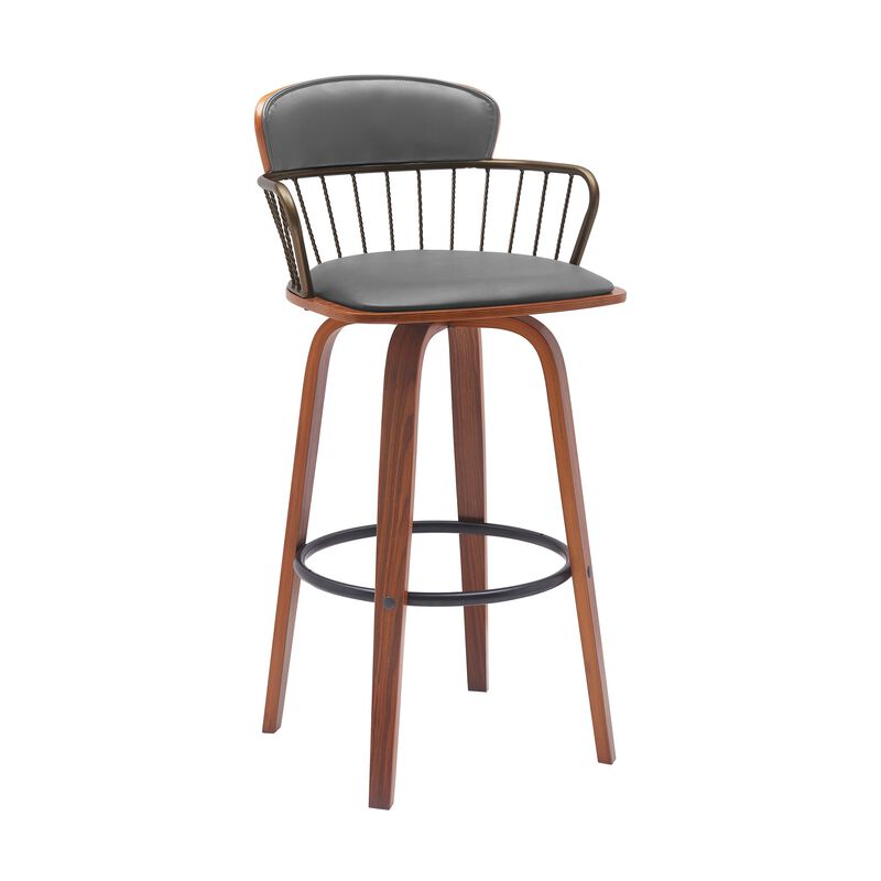 30" Swivel Walnut Wood Bar Stool in Gray Faux Leather with Golden Bronze Metal image number 0