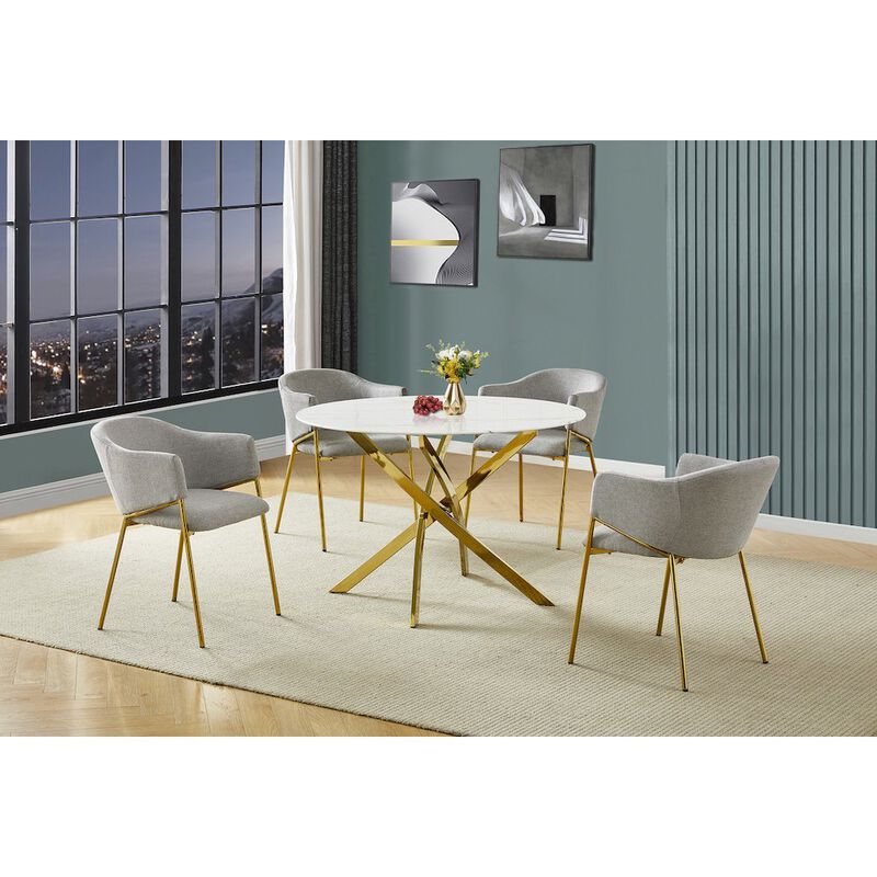 Best Quality Furniture Round Marble Wrap Tempered Glass Dining Table With 4 Linen Gray Side Chairs