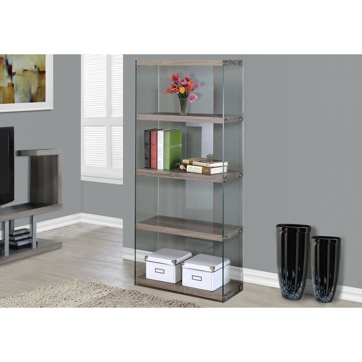 Monarch Specialties I 3060 Bookshelf, Bookcase, Etagere, 5 Tier, 60"H, Office, Bedroom, Tempered Glass, Laminate, Brown, Clear, Contemporary, Modern