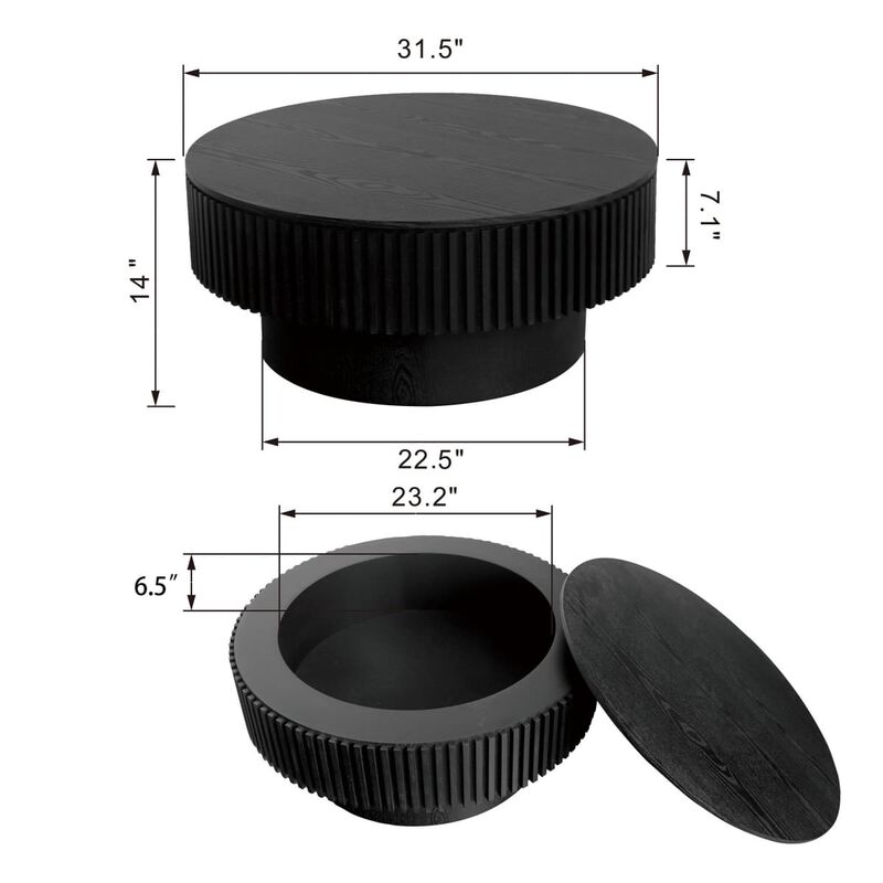Round coffee table with storage Solid wood veneer and MDF coffee table with fluted base Modern accent coffee table for small spaces image number 2