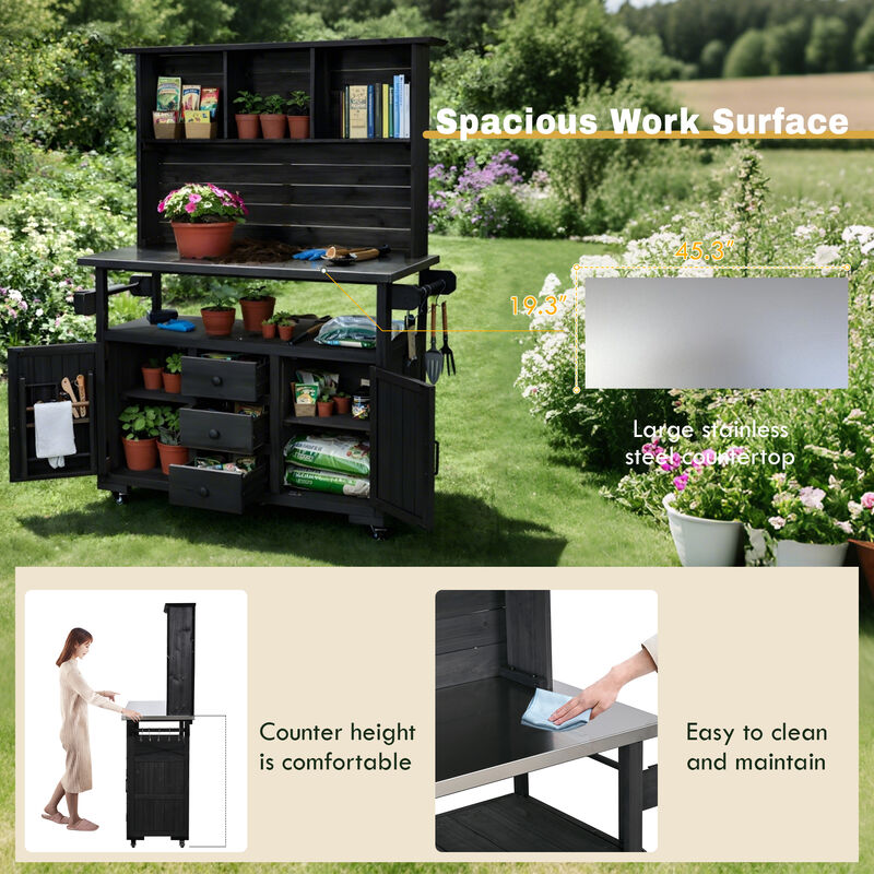 Whisen 65" Solid Wood Garden Potting Table with 3 Drawers & Doors, Stainless Top image number 4