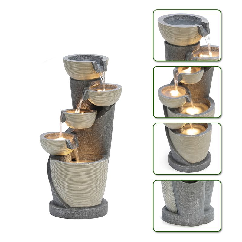 LuxenHome Gray Cascading Bowls and Column Resin Outdoor Fountain with LED Lights