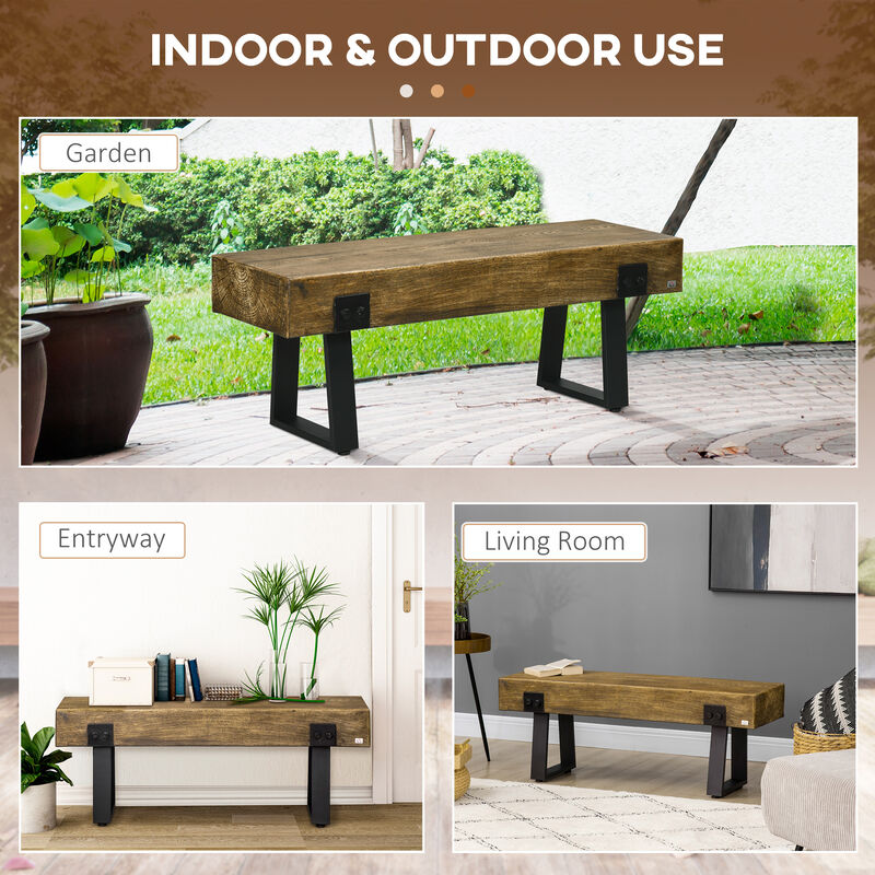 HOMCOM Garden Bench with Metal Legs, Rustic Wood Effect Concrete Entryway Bench, End of Bed Bench, Indoor Outdoor Use for Patio, Park, Porch and Lawn, Natural and Black