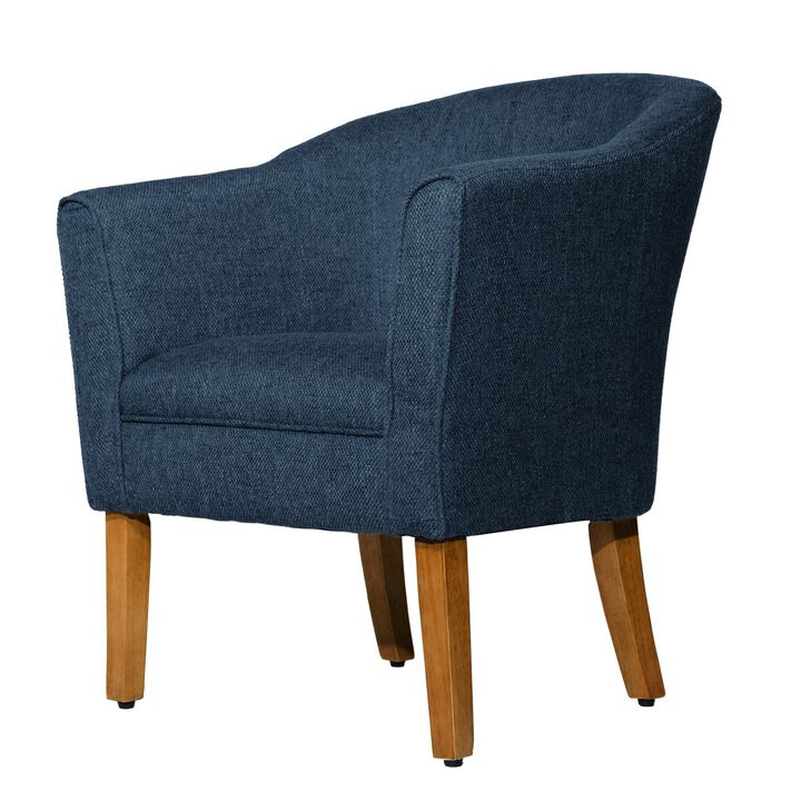 Fabric Upholstered Wooden Accent Chair with Curved Back, Blue and Brown