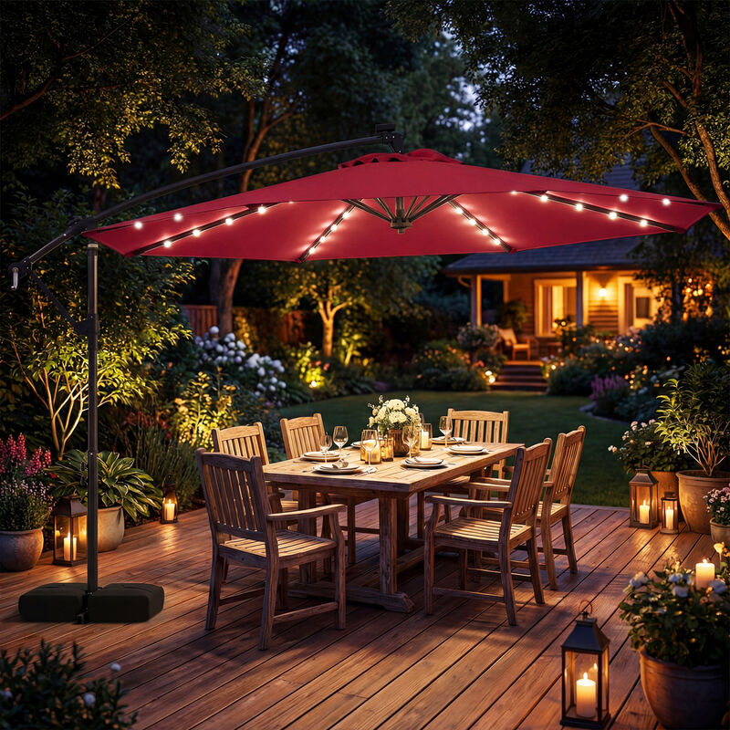 10 FT Solar LED Offset Cantilever Patio Umbrella Hanging Outdoor Market Umbrella image number 1