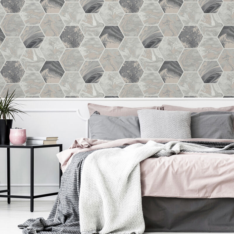 Marlon Charcoal Hexagon Tiles Wallpaper image number 4